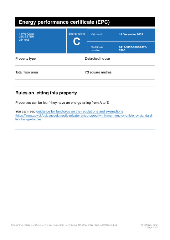 EPC Graph for 7 Wye Close, Leicester, LE4 9AZ
